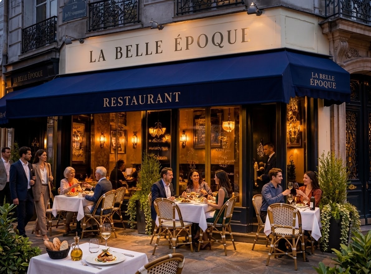Façade de restaurant illuminée le soir, terrasse pleine de clients