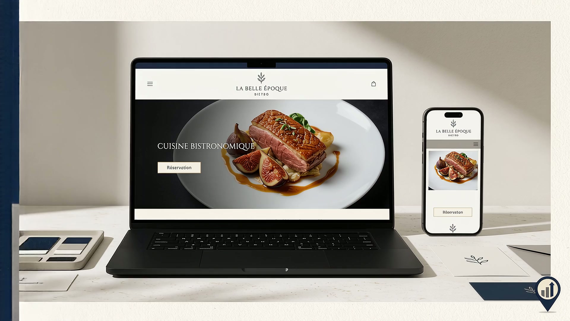 Site vitrine de restaurant affiché sur ordinateur portable et smartphone